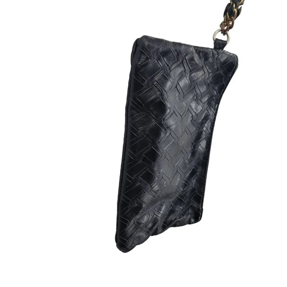 Vegan Black Tire Tread Embossed Faux Leather Wristlet Gold Chain Biker Steampunk